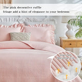 Flysheep Pink Ruffle Quilt Set Twin Size, 2 Pieces Shabby Chic Farmhouse Striped Bedspread Coverlet Set, Solid Lightweight Soft Microfiber Bed Cover for Kids (1 Ruffled Quilt + 1 Pillow Sham) Flysheep