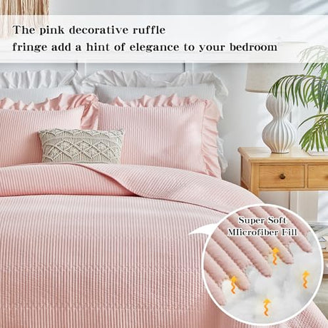 Flysheep Pink Ruffle Quilt Set Twin Size, 2 Pieces Shabby Chic Farmhouse Striped Bedspread Coverlet Set, Solid Lightweight Soft Microfiber Bed Cover for Kids (1 Ruffled Quilt + 1 Pillow Sham) Flysheep