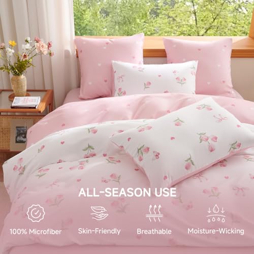 Erwinmu Floral Duvet Cover Set Twin Size,Pink Tulip Bow Ties Reversible Bedding Set with Heart Pattern for Girls Kids,Romantic Microfiber Comforter Cover 2Pcs with Zipper Closure and 1 Pillowcase Erwinmu
