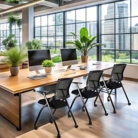 AceOrbit 4 Pcs Foldable Office Chair with PU Wheels Lumbar Support, Armrest, Thick Breathable Mesh Seat Stackable Chair for Office Meeting, Conference, Training Room, Black AceOrbit
