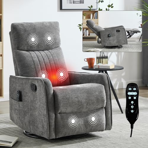 High Back Massage Recliner with Heat - Swivel Rocking Chair for Small Spaces, Manual Lazy Boy Recliner for Adults, Perfect for Living Room & Bedroom, Soft Fabric (Dark Gray)