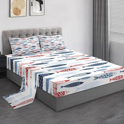 Pamnest King Size Bed Sheet Sets, Summer Blue Fish Soft Microfiber 4 Pcs Bedding Sets for Kids and Adults Bedroom Bed Decor, Cute Sea Red Flat, Fitted Sheet and 2 Pillowcases