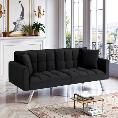 78" Modern Sofa Bed Futon,Convertible Sleeper Bed Couch with 4 Reclining Backrest,Comfy Velvet Cloud Sofa Loveseat for Living Room Bedroom Office (Black) Anwick