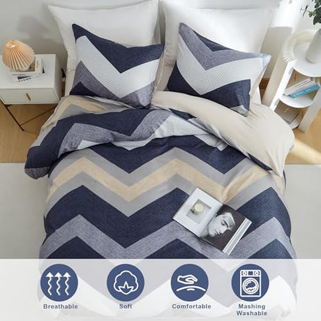 BOLINLIVING Wavy Striped Queen Duvet Cover Set, Blue Geometric Zipper Duvet Cover 104"x90" with 2 Pillow Sham 20"x36", 3 Pieces Soft Breathable Single Bedding Sets with 4 Corner Ties BOLINLIVING