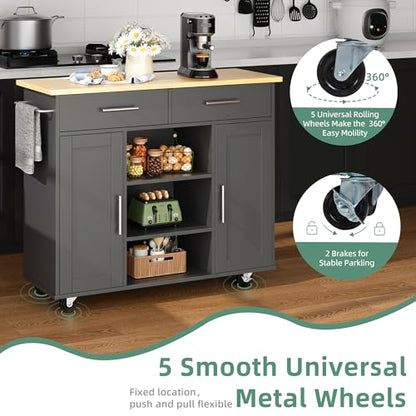 Shintenchi Kitchen Island with Storage, Kitchen Island Cart on Wheels with 3 Open Shelves, 2 Drawers and 2 Cabinets, Rolling Kitchen Table with Large Countertop, Gray