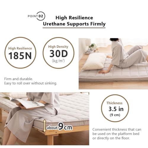 EMOOR Japanese Padded Futon Mattress Machi Twin Gray, Gusset Foldable Storable Elastic Bands Floor Sleeping Guest Bed Tatami Mat EMOOR