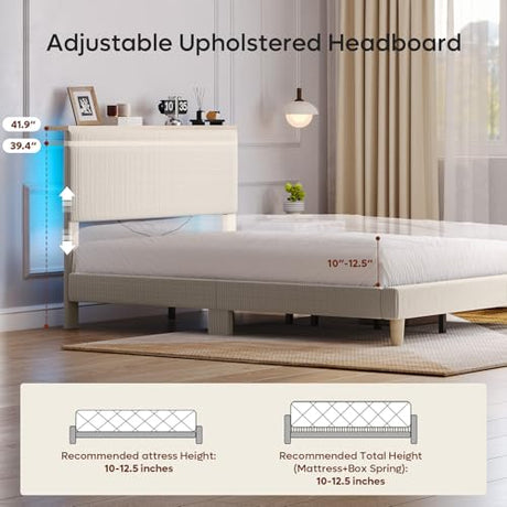Bestier Queen Bed Frame with Adjustable Headboard & LED Lighting, Corduroy Upholstered Platform Bed Frame with Storage Shelf, Solid Wood Slats, No Box Spring Needed, Never Squeak, Easy Assembly, Beige Bestier