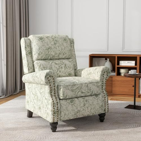 UIXE Floral Pushback Recliner Chair, Fabric Overstuffed Armchair Push Back Accent Chair for Living Room, Rivet Trim Club Chair Home Theater Single Sofa Bedroom Side Reading Seat - Rococo Green UIXE
