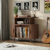 35” Mid Century Record Player Stand, Round Record Storage Cabinet with Charging Station, Turntable Stand Holds up to 150+ Albums, Vinyl Record Player Shelf for Media Stereo Audio, Living Room, Walnut Quelthar