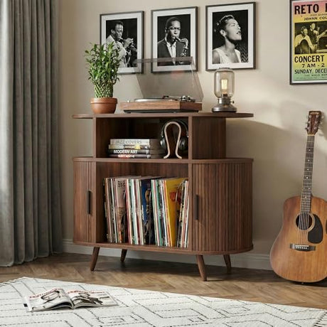 35” Mid Century Record Player Stand, Round Record Storage Cabinet with Charging Station, Turntable Stand Holds up to 150+ Albums, Vinyl Record Player Shelf for Media Stereo Audio, Living Room, Walnut Quelthar