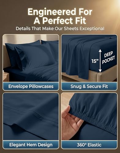 LANE LINEN Queen Bed Sheets - Pemium 600 Thread Count Long Staple 100% Cotton Sheets Queen Size Bed Set, Hotel Luxury Sateen Finish, 15" Deep Pocket Fitted Sheet, Cool & Durable - Denim LANE LINEN