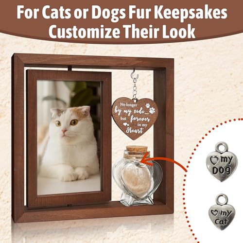 Dog Memorial Gifts for Loss of Pet - Rotating Wooden Frame for 4x6 Photo & Fur Hair Jar - Sympathy Gift for Pet Bereavement, Remembrance Keepsake - Rainbow Bridge Gift for Dog Lovers & Cat Lovers