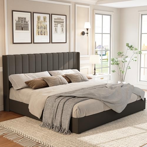 Jocisland King Size Lift Up Storage Bed Frame, Linen Upholstered Platform Bed with Vertical Channel Tufted Headboard and Wingback, Hydraulic System, No Box Spring Needed, Wood Slats Support, Dark Gray Jocisland