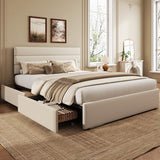 WLIVE Queen Size Upholstered Bed Frame with 4 Storage Drawers and Headboard, Velvet Platform Bedframe, Sturdy Metal & Wooden Slats Support, No Box Spring Needed, Easy Assembly, Beige WLIVE