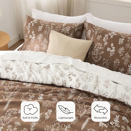 Bedsure King Comforter Set - Brown Bed Set, 3 Pieces Cute Floral Bedding, 1 Soft Reversible Botanical Flowers Comforter and 2 Pillow Shams Bedsure