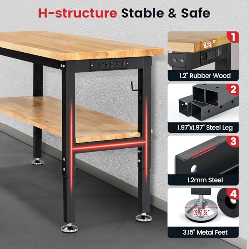 ENJOYWOOD Work Table for Garage 60 x 22 Inch Adjustable Height Workbench Heavy Duty Rubberwood Tabletop Work Bench with Power Outlets Pegboard Pad for Woodworking Shop, Home, Office ENJOYWOOD