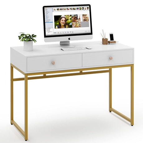 Tribesigns Computer Desk, Modern Simple 47 inch Home Office Desk Study Table Writing Desk with 2 Storage Drawers, Makeup Vanity Console Table, White and Gold Tribesigns