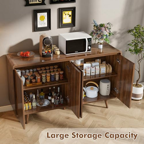 Nasonet Mid Century Modern Buffet Cabinet with Storage, 55 Inch Sideboard Credenza with Doors & Shelves Console Coffee Bar Table for Living Room, Kitchen, Dining Room and Hallway, Walnut Nasonet