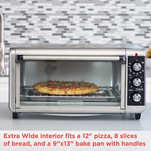 BLACK+DECKER 8-Slice Extra Wide Convection Toaster Oven, Fits 9"x13" Oven Pans and 12" Pizza, Bake, Toast, Broil, and Keep Warm Functions, Countertop Compact Design with Stainless Steel Finish