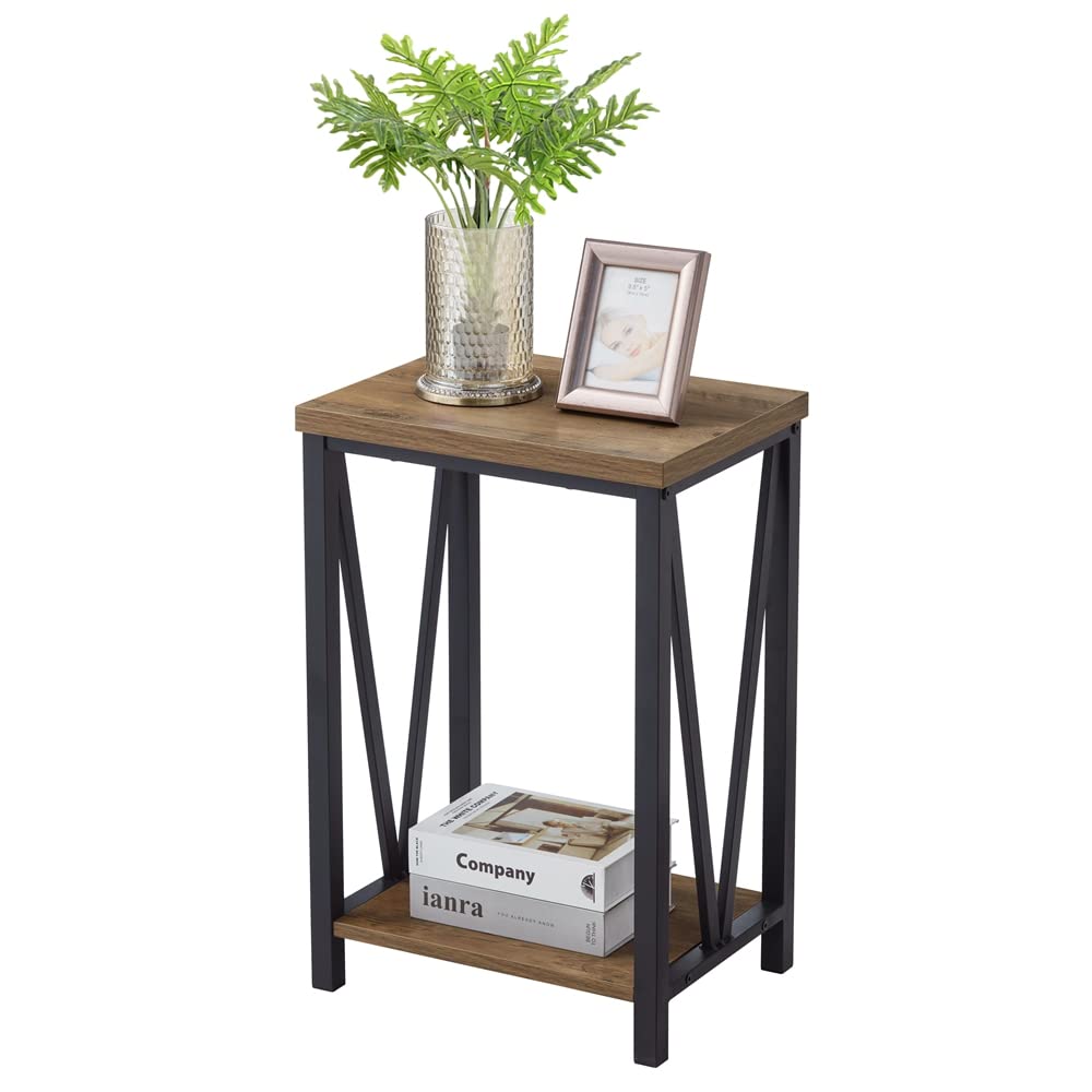 FOLUBAN Side Table with Storage Shelf, Rustic End Table for Living Room, Wood and Metal Nightstand for Bedroom, Oak FOLUBAN
