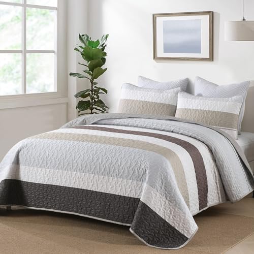 Dinjoy Boho Quilt Set Full Size,3 Pieces Grey Striped Bedspreads,Soft Microfiber Quilted Quilts Bedding Set with 2 Pillow Shams Lightweight Coverlet 78"x90" for Summer Fall Bed Dinjoy