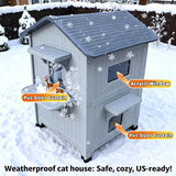 Weatherproof Outdoor Insulated Cat House for Feral Multi Cat, 2 Storey Plastic Elevated Cat Shelter with Escape Door, Easy Assemble, Expansive Interior‌ Grey 34" D x 21" W x 21.5" H HiCaptain