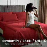 Revdomfly 4 Pcs Queen Size Luxury Silky Soft Wine Red Satin Sheet Set,1 Premium Moisture Wicking Fitted Sheet Fits Up to 16 Inches Deep Pocket + 1 Flat Sheet + 2 Pillowcases（Wine Red, Queen） Revdomfly