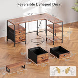 Furologee L Shaped Computer Desk with Power Outlet, Reversible Home Office Desk for Work Study, 50 Inch Corner Gaming Table with File Drawer, Monitor Stand, Storage Shelves, Rustic Brown Furologee