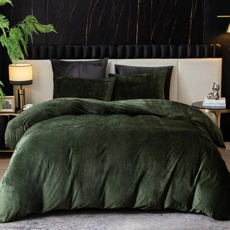 Ivellow Velvet Duvet Cover King Set Dark Green Comforter Cover 3Pcs Ultra Soft Cover Breathable Solid Luxury Flannel Velour Duvet Cover Zipper Closure Corner Tie Ivellow