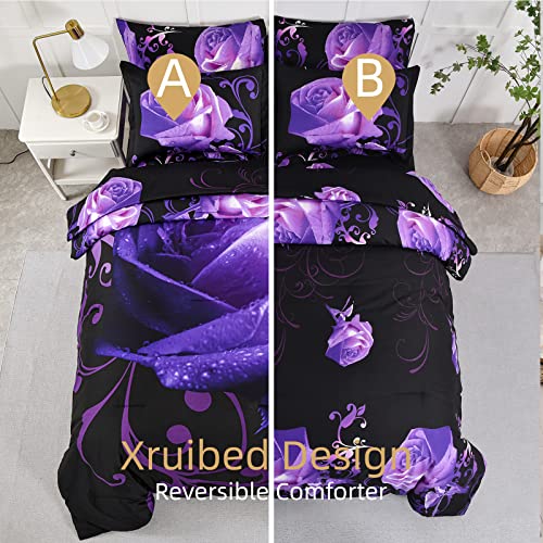 Xruibed Floral Comforter Set Full 7 Piece Bed in a Bag Purple Rose Flower Comforter with Sheet Set Soft Micorfiber Bedding Set (1 Comforter,2 Pillow Shams,1 Flat Sheet,1 Fitted Sheet,2 Pillowcases) Xruibed