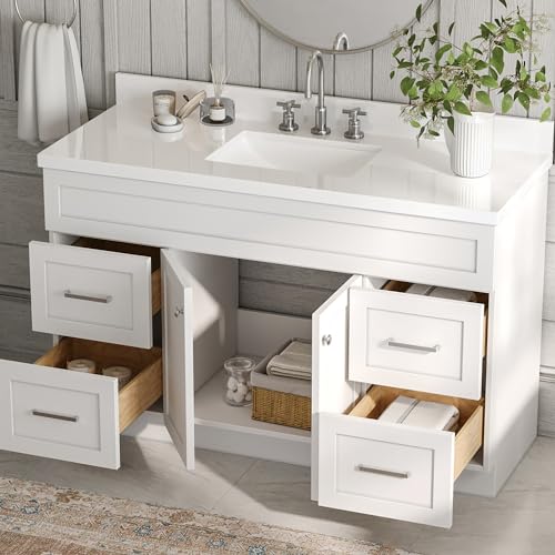 ARIEL Hamlet 55" White Bathroom Vanity with Sink, 1.5" Edge Pure White Quartz Countertop & Backsplash, Rectangular Sink, 2 Soft Closing Doors, 4 Full Extension Dovetail Drawers, Built in Toe Kick ARIEL