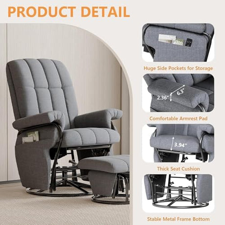 JIASTING 360° Swivel Recliner Chair with Ottoman & Double Side Pockets, Nursing Glider Rocking Recliner Chair, Gliding Chairs for Nursery, Living Room, Bedroom, Office (Gray) JIASTING