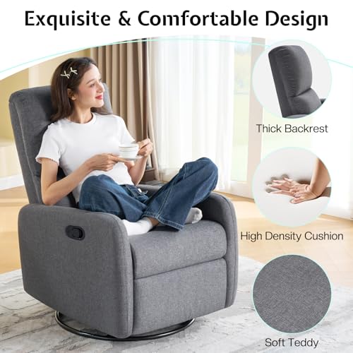 Jocisland Swivel Rocking Chair, Nursery Glider Recliner Chairs for Adults, Rocker for Living Room Bedroom, Comfy Upholstered Modern Nursing Reclining Single Sofa, Grey Linen (No Side Pockets)