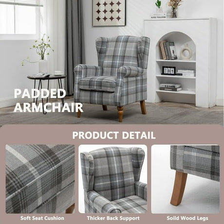 PATIOPTION Modern Accent Chair with Retro Wood Legs, Comfy Upholstered Armchair,Tantan Check Design Single Sofa Chair for Living Room Bedroom Office - Natural PATIOPTION