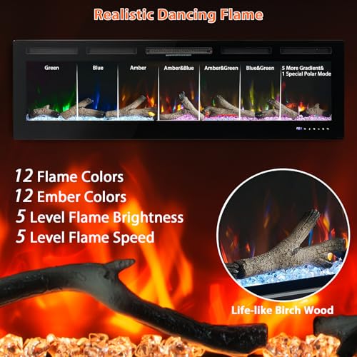 72 in Electric Fireplace, Recessed/Wall Mounted Linear Fireplace with WiFi & Remote Control, Multicolor Flame Effect, 750W/1500W Heating, Includes Log & Crystal Decor, Black Garvee