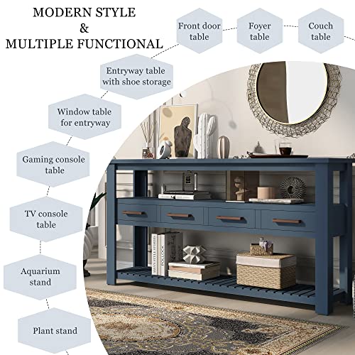Modern 62.2" Console Table, Sofa Table with 4 Drawers and 2 Shelves, Suitable for Entrance, Hallway, Living Room, Bedroom (Navy Blue@G>) Hlcodca
