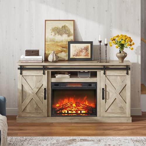 WLIVE Farmhouse Electric Fireplace TV Stand for TVs up to 65", Entertainment Center with Sliding X-Shaped Barn Door & Storage Cabinet, Media TV Console with 23" Fireplace for All Seasons, Grey Oak WLIVE