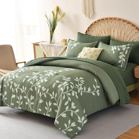 METAHOTS Queen Size Comforter Set - 7 Piece Floral Botanical on Green Comforter Sets with Sheets and Pillows, Soft Lightweight Microfiber Bedding Set for All Season(90"X90") METAHOTS