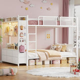 Itaar Metal Bunk Bed Full Over Full with Hall Tree, Power Outlet, LED Bunk Bed with 6 Storage Drawers, Bed with 13‘’ Safety Guardrail & Ladders for Kids and Teen, 400lb Weight Capacity, White Itaar