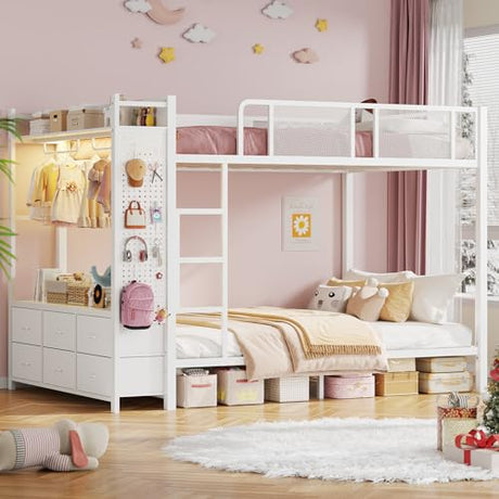 Itaar Metal Bunk Bed Full Over Full with Hall Tree, Power Outlet, LED Bunk Bed with 6 Storage Drawers, Bed with 13‘’ Safety Guardrail & Ladders for Kids and Teen, 400lb Weight Capacity, White Itaar