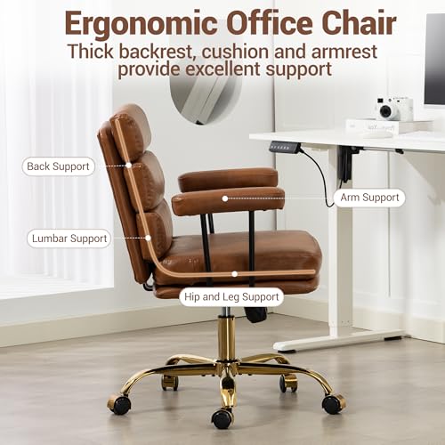 WENTUM Leather Office Chair with Wheels,Ergonomic Swivel Rolling Task Chair,Padded Seat and Armrests,Adjustable Height Home Desk Chair,Executive Computer Chair, Gold Base Makeup Vanity Chair,Brown WENTUM