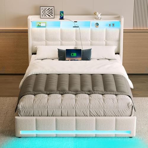 Rolanstar Full Size Bed Frame with LED Lights and Charging Station, Upholstered Headboard with 2-Tier Storage Shelves, Heavy Duty Metal Frame, Noise-Free Support, Easy Assembly, No Box Spring Needed Rolanstar