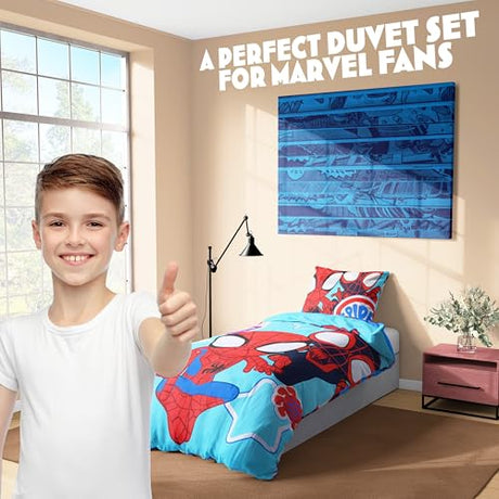 Marvel Spiderman Duvet Cover and Pillowcase Set for Single Bedding, Bedroom Accessories for Kids Teens (Blue Spidey) Marvel