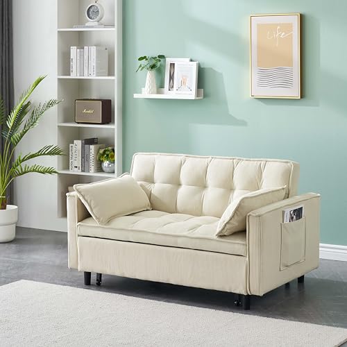 SRJunidexor 3-in-1 Convertible Sofa Bed, Velvet Sleeper Sofa with Pull-Out Bed, 54" Futon Couch with Reclining Backrest and Side Pocket, Modern Loveseat for Living Room (Beige) SRJunidexor