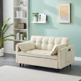 SRJunidexor 3-in-1 Convertible Sofa Bed, Velvet Sleeper Sofa with Pull-Out Bed, 54" Futon Couch with Reclining Backrest and Side Pocket, Modern Loveseat for Living Room (Beige) SRJunidexor