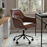Martha Stewart Rayna Swivel Task Chair with Flared Arms for Home Office in Saddle Brown Faux Leather with Oil Rubbed Bronze Frame Martha Stewart