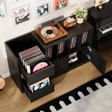 IRONCK Record Player Stand, Vinyl Record Player Table with Storage Cabinet and Drawers, Mid Century Modern Turntable Stand Holds Up to 500+ Albums for Living Room, Music Room, Black IRONCK
