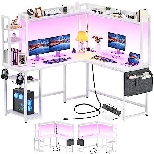 Aheaplus L Shaped Desk with Power Outlet, L Shaped Gaming Desk with Led Light & Hutch, Reversible Home Office Desk, Corner Computer Desk Writing Desk with Monitor Stand & Storage Shelves, White Aheaplus