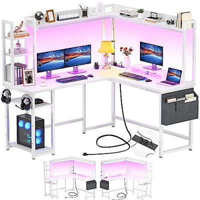 Aheaplus L Shaped Desk with Power Outlet, L Shaped Gaming Desk with Led Light & Hutch, Reversible Home Office Desk, Corner Computer Desk Writing Desk with Monitor Stand & Storage Shelves, White