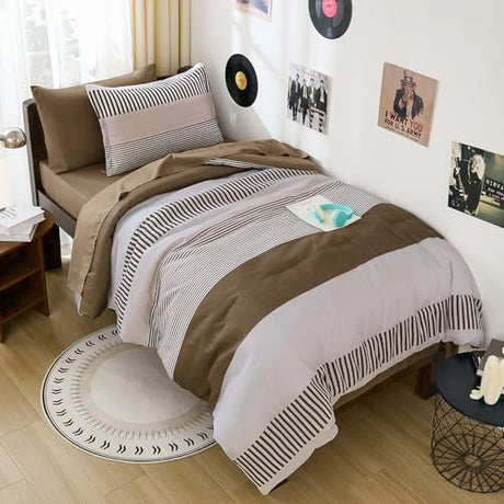 Cottolester Brown Comforter Set Twin Size,Classic Striped Comforters for Girls,5 Pieces Bed in A Bag Simple Neutral-Style Bedding Sets for Kids Teen Cottolester